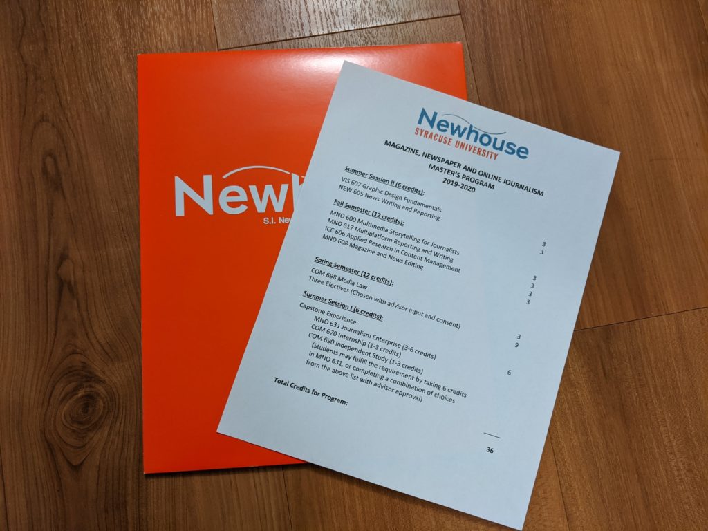 A Newhouse folder and information sheet about the Magazine, Newspaper & Online Journalism master's program